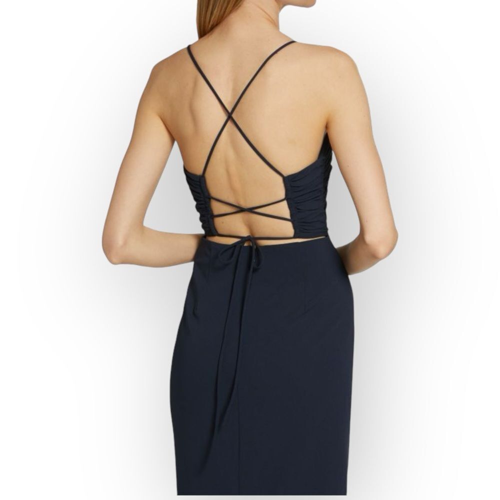 CINQ À SEPT NWT Judy Ruched Navy Backless Midi-Dress- size 12- sexy classic - Picture 6 of 13